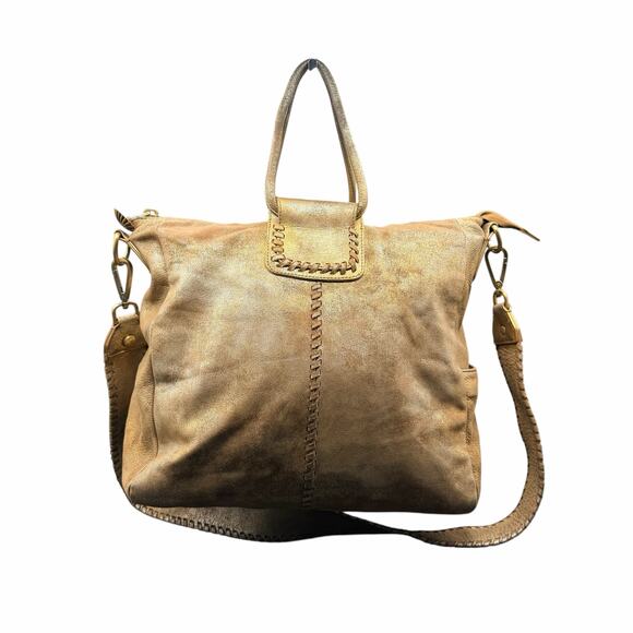 HOBO Sheila Distressed Metallic Gold Leather Satchel Crossbody Bag - Picture 2 of 16